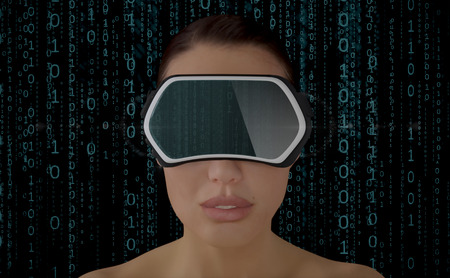 3D Illustration of a Woman wearing a Virtual reality head-mounted display (HMD) isolated on white background.の写真素材