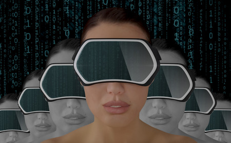 3D Illustration of a Woman wearing a Virtual reality head-mounted display (HMD) isolated on white background.の写真素材