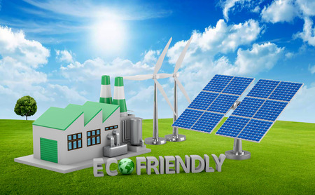 Ecofriendly concept. 
Green factory, wind turbine and solar panel.の写真素材