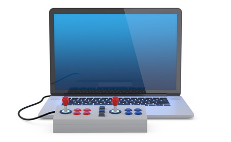 Arcade joystick connected to laptop pc isolated on white background. (3D Render)の写真素材