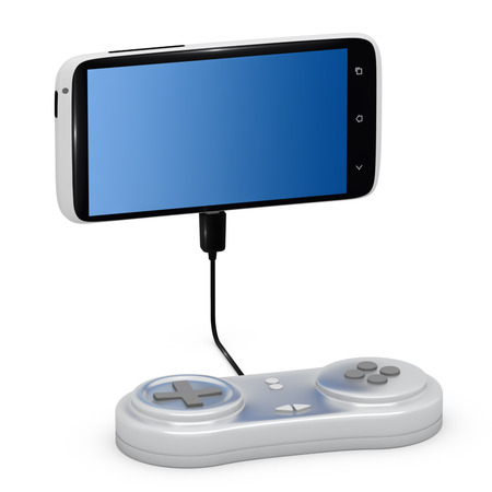 Joypad connected to smartphone isolated on white background.の写真素材