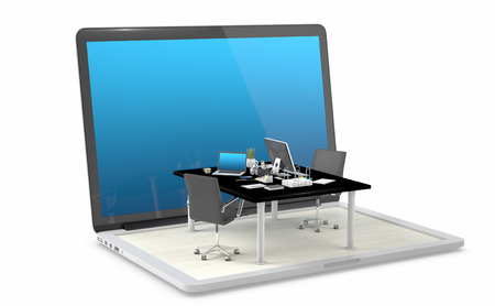 Coworking space comes out from laptop - Design of modern workspace. 3D Renderの写真素材