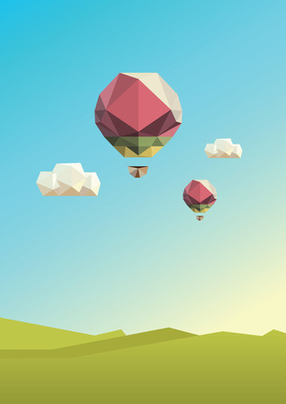 Hot air balloons flying over green lawn. Low-poly style.の写真素材