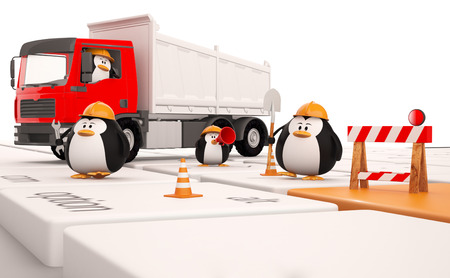 Computer repair service concept. A group of penguins working on pc keyboard. 3D Render.の写真素材