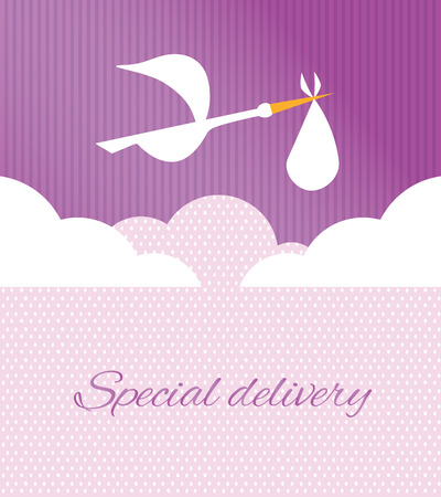 Logo design element. Stork delivering baby in a bag for birth announcement.の写真素材