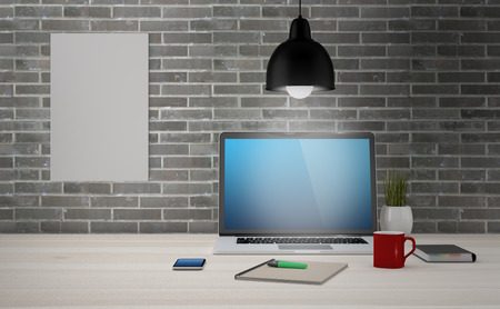 Mock up modern office workspace - 3d illustration.の写真素材