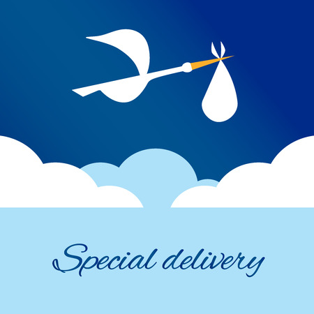 Logo design element. Stork delivering baby in a bag for birth announcement.の写真素材