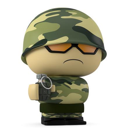 3D Cartoon character. Soldier holding a hand grenade isolated on white background with clipping path.の写真素材