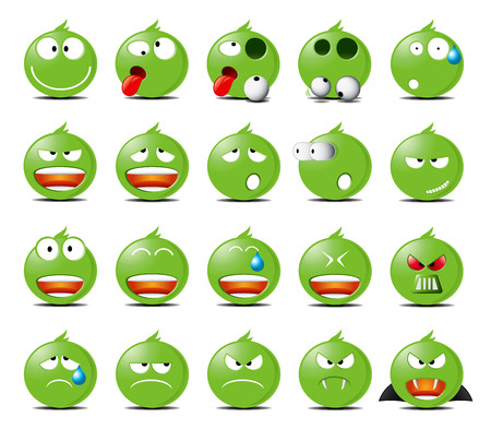 Set of green rounded icons in different emotions and moods.の写真素材