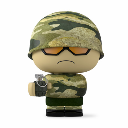 3D Cartoon character. Soldier holding a hand grenade isolated on white background with clipping path.の写真素材
