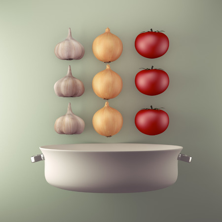 Artistic food composition. White pot with tomato, onion and garlic.の写真素材