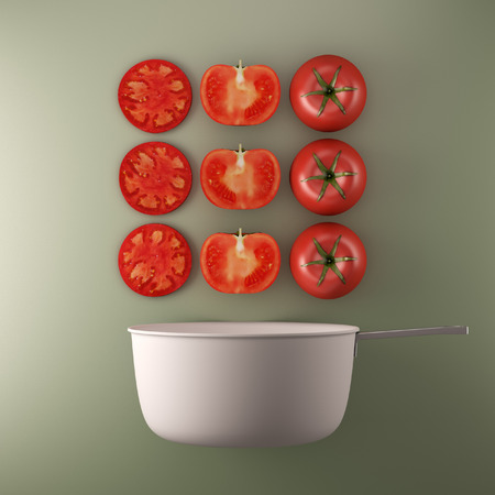 Artistic food composition. White pot with tomatoes.の写真素材