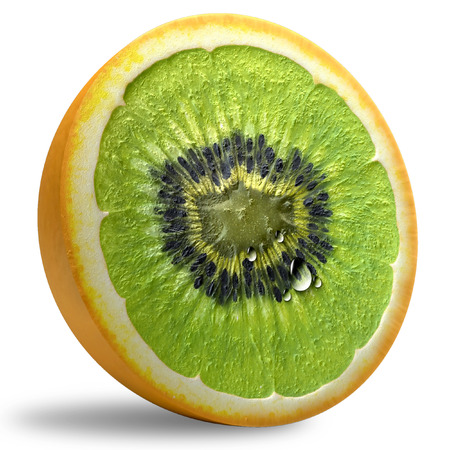 GMO Concept. Fresh kiwi cut ripe orange. Product of genetic engineering. 3D Illustration.の写真素材