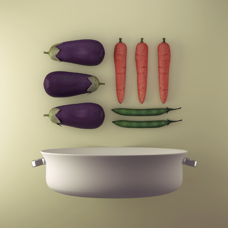 Artistic food composition. White pot with eggplants, carrots and green beans.の写真素材