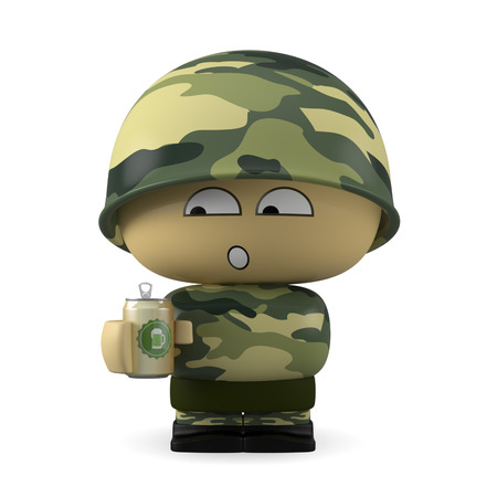 3D Cartoon character. Soldier holding a hbeer can isolated on white background with clipping path.の写真素材