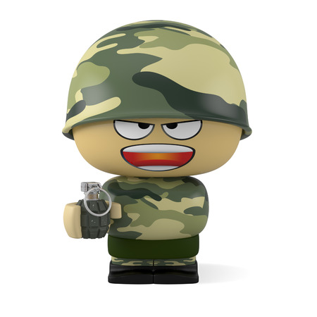 3D Cartoon character. Soldier holding a hand grenade isolated on white background with clipping path.の写真素材