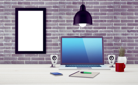 Mock up modern office workspace. Blueish color grading. 3D illustration.の写真素材