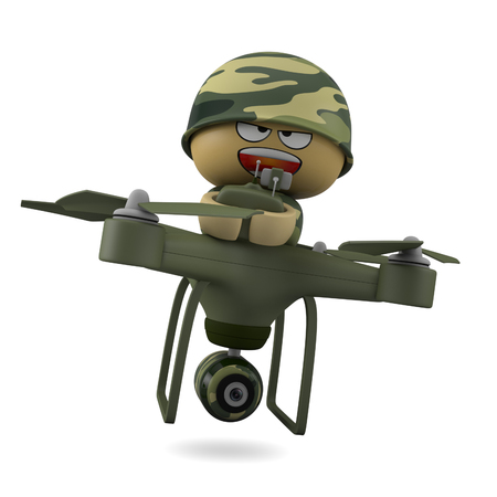 3D Cartoon character. Soldier operating a drone with remote control. Iisolated on white background with clipping path.の写真素材