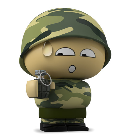 3D Cartoon character. Worried soldier holding a hand grenade isolated on white background with clipping path.の写真素材