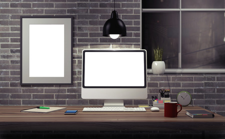 Mock up modern office workspace - 3d illustration.の写真素材
