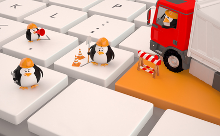 Computer repair service concept. A group of penguins working on pc keyboard. 3D Render.の写真素材