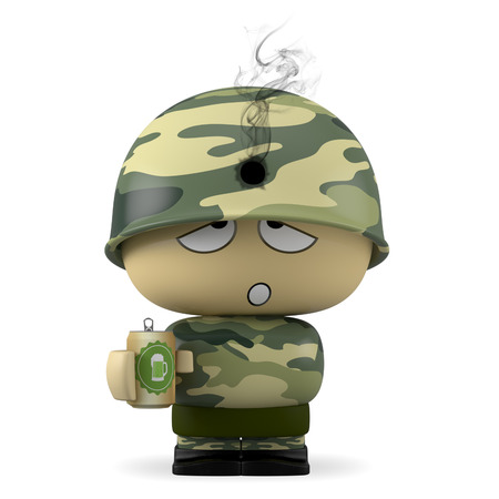 3D Cartoon character. Soldier wearing helmet with hole caused by a bullet.の写真素材