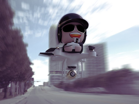 Policedrone Flying Through City Street. 3D Character Illustration.