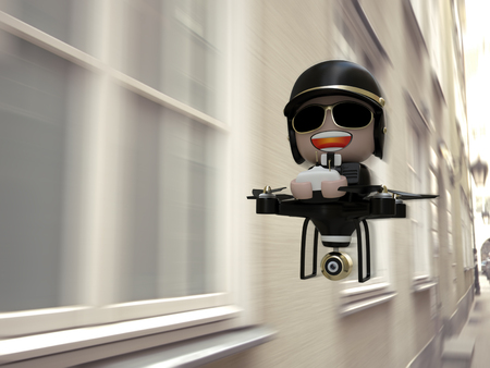 Policedrone Flying Through City Street. 3D Character Illustration.の写真素材