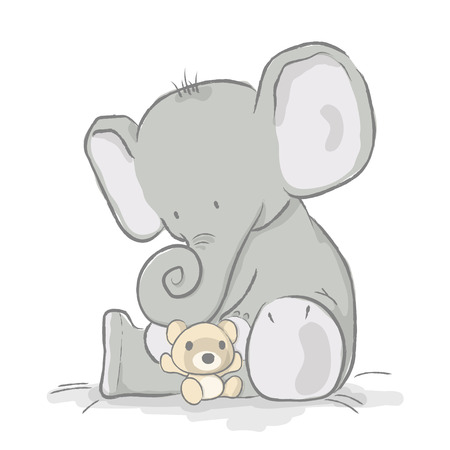 Baby elephant plays with bear cubのイラスト素材