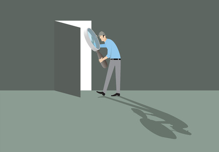 Man with magnifying glass finding the door to way out.のイラスト素材