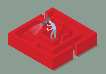 Man with torch finding the solution of a maze.のイラスト素材