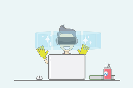 Young boy sitting behind desk in front of laptop uses virtual reality application.のイラスト素材