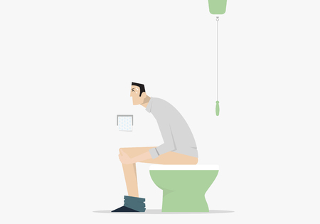 Side view of cartoon man sitting on toilet with problems of constipation.のイラスト素材