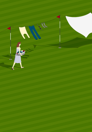 Different Uses Concept: housewife hanging clothes to dry on clothes-line on golf course.のイラスト素材