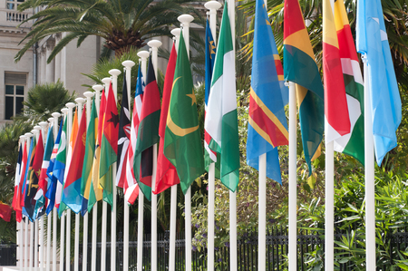 International flags in front of institutional building.の写真素材