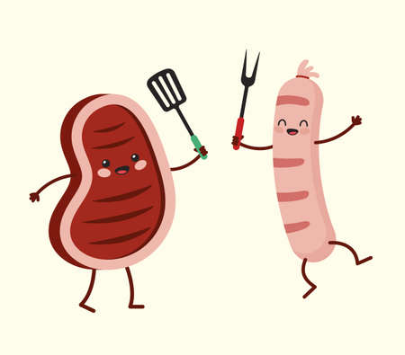 Funny Beef Steak and Sausage Holding Barbeque Grill Tools.のイラスト素材