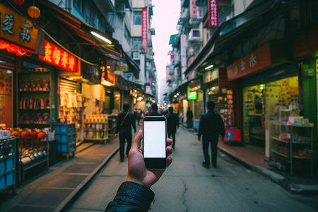 Man holding smartphone on asian street. Generative AI.の素材