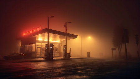Neon retro gas station at night. Fog, rain, reflections on asphalt. Generative AI.の素材
