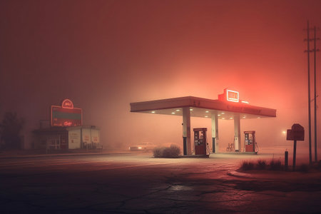 Neon retro gas station at night. Fog, rain, reflections on asphalt. Generative AI.の素材