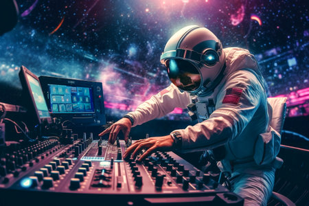 Astronaut DJ playing music in spaceship. Generative AI.の素材