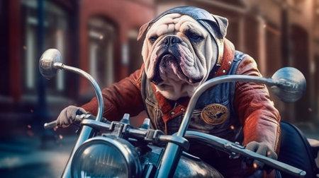 Bulldog biker riding a motorcycle. Generative AI.の素材