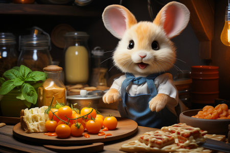Cute bunny in the kitchen preparing delicious food. Generative AI.の素材
