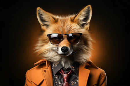 Portrait of red fox with sunglasses wearing suit and tie on solid background. Generative AI.の素材