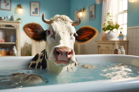 Cute cow in the bathroom relaxing and washing herself. Generative AI.の素材