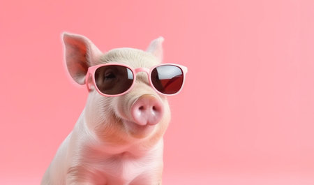 Serious young cool pig wearing sunglasses isolated on solid pink background. Generative AI.の素材