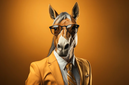 Portrait of horse with sunlgasses wearing suit and tie on solid background. Generative AI.の素材