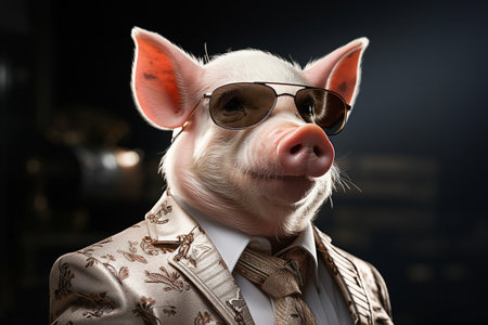 Portrait of pig with sunglasses wearing suit and tie on abstract background. Generative AI.の素材