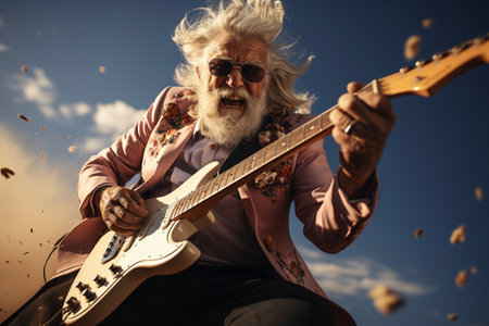 Senior man wearing sunglasses and pink suit jacket playing electric guitar shouting with anger. Generative AI.の素材