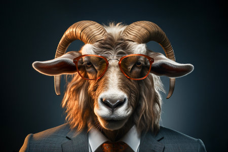 Portrait of mouflon with sunglasses wearing suit and tie on solid background. Generative AI.の素材