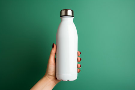 Woman Hand Holding White Metal Reusable Water Bottle. Design Template of Packaging Mockup. Front View. Generative AI.の素材